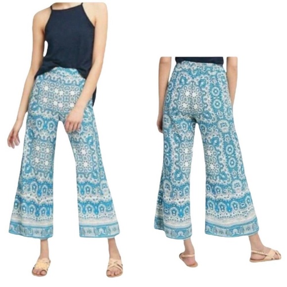 Anthropologie Feather Bone Blue Paisley Talese Wide Leg Cropped Pants - Picture 1 of 8